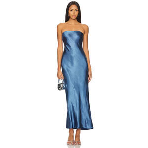 MORE TO COME Emma Strapless Maxi Dress blue Satin Tube Dress XS NWT